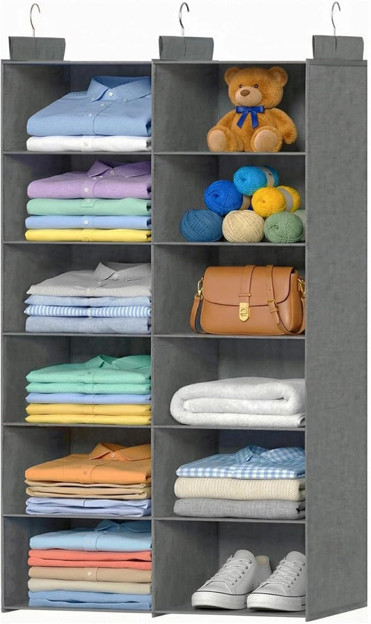Space-Saving Hanging Closet Storage Organizer – Dual-Row Foldable Shelves with 3 Hooks, 6-Tier Wardrobe Organizer for Dorm, Bedroom, Closet (Grey) | Storage, 12 Pockets, 3 Sturdy Hooks, Dorm Room Essentials