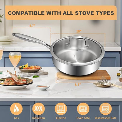 EWFEN Tri-Ply Stainless Steel Frying Pan 3QT, 10 Inch Deep Frying Pan with lids, Skillet, Induction Cooking Pan, Dishwasher and Oven Safe, Fast & Even Heat, Heavy Duty and Detachable Handle