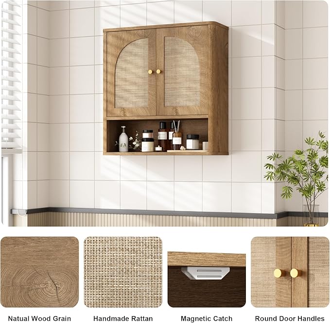 RUSTOWN Rattan Bathroom Wall Cabinet, Over The Toilet Storage Cabinets with 2 Arched Doors, Modern Medicine Cabinet with Adjustable Shelf & Rounded Edges, Mid-Century Bathroom Organization