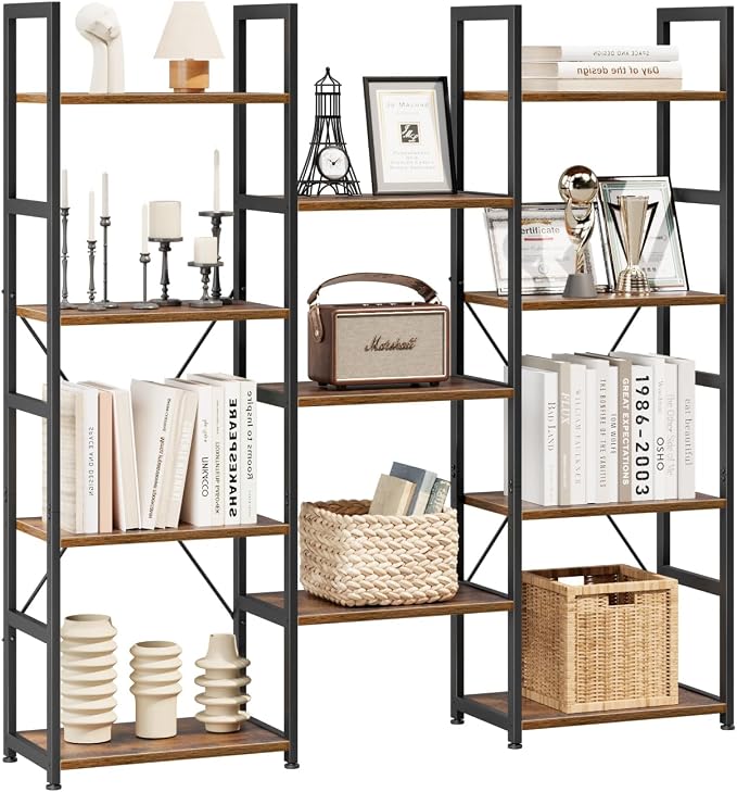 NUMENN Triple Column 4 Tier Bookshelf, Bookcase with 11 Open Display Shelves, Adjustable Rustic Industrial Style Book Shelves, Modern Bookshelves for Bedroom, Living Room and Home Office, Vintage