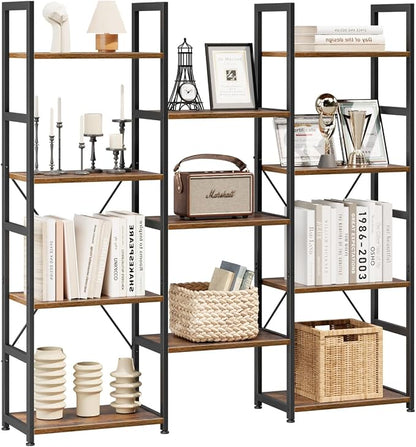 NUMENN Triple Column 4 Tier Bookshelf, Bookcase with 11 Open Display Shelves, Adjustable Rustic Industrial Style Book Shelves, Modern Bookshelves for Bedroom, Living Room and Home Office, Vintage