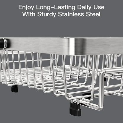 MAJALiS Dish Drying Rack Over The Sink with Utensil Holder, Mat | Expandable Stainless Steel Dish Drainer for Small Kitchen, Apartment, RV, Counter Space Saving, Perfect Fit, Rustproof