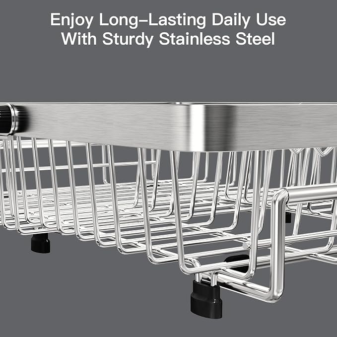 MAJALiS Dish Drying Rack Over The Sink, Expandable Stainless Steel Dish Drainer for Small Kitchen Counter Space Saving, RV Compact Plate Strainer In Silver Metal with Hanging Adjustable Utensil Holder