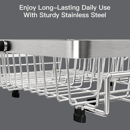 MAJALiS Dish Drying Rack Over The Sink, Expandable Stainless Steel Dish Drainer for Small Kitchen Counter Space Saving, RV Compact Plate Strainer In Silver Metal with Hanging Adjustable Utensil Holder
