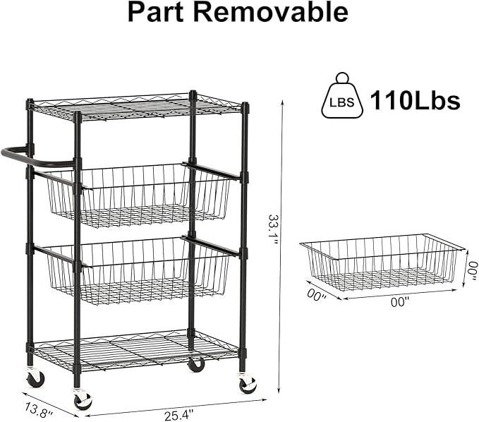 LinTimes 4 Tier Rolling Cart, 110 LB Capacity, Locking Casters & Handle Bar, Wire Storage Rack for Kitchen, Restaurant, Garage, Black