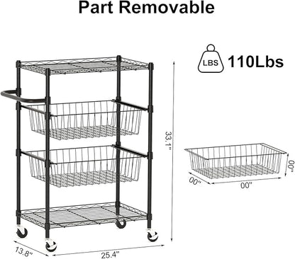 LinTimes 4 Tier Rolling Cart, 110 LB Capacity, Locking Casters & Handle Bar, Wire Storage Rack for Kitchen, Restaurant, Garage, Black