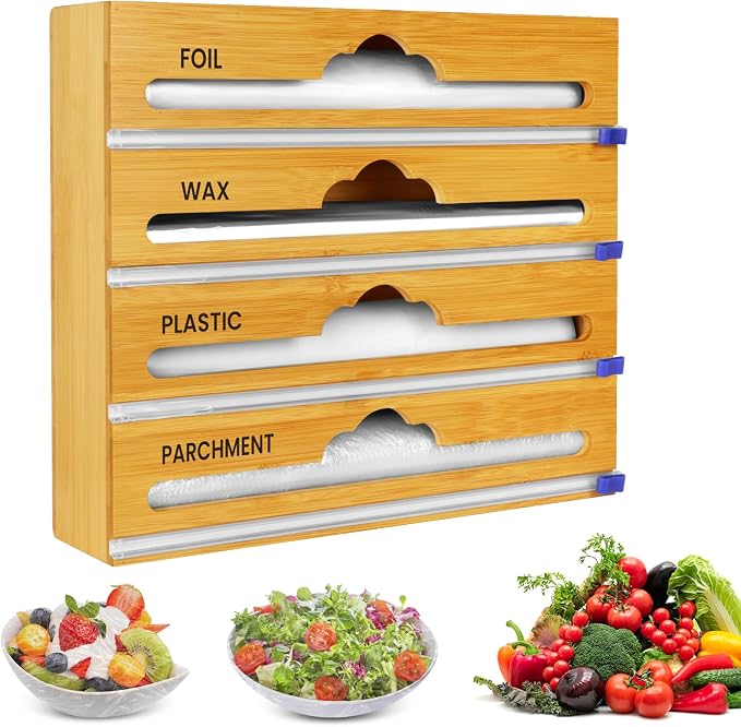 Bamboo 4 in 1 Saran Wrap Dispenser with Cutter & Labels - Foil & Plastic Wrap Organizer - Aluminum Foil Wax & Parchment Wrapping Paper Storage for Kitchen Drawer - 12" Roll