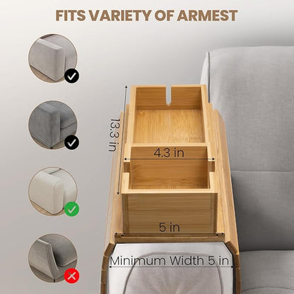 Bamboo Sofa Armrest Tray - Couch Arm Tray with Detachable Couch Cup Holder - 2 in 1 Anti-Slip Foldable Sofa Armchair Caddy Table - Cup Holder for Drinks Cellphone Snacks, Remote