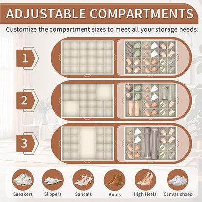Shoe Organizer for Closet, Shoe Storage Organizer with Wheels and Adjustable Dividers, Stackable Shoe Storage Box with Clear Cover, Foldable Closet Shoe Organizer Fits up to 24-48 Pairs, Beige