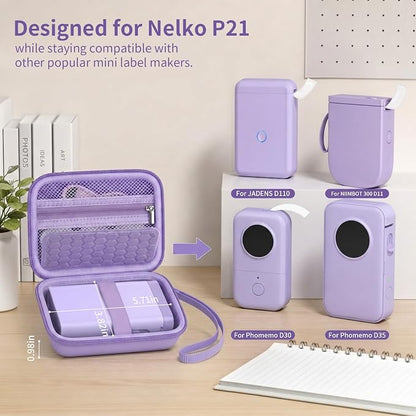 Comecase Case Compatible with Nelko P21/ for Phomemo D30 D35 Label Maker Machine, for JADENS D11/ for SUPVAN Mini Labeler Sticker, Labler Maker Storage for Tape&Accessories (Light Purple)