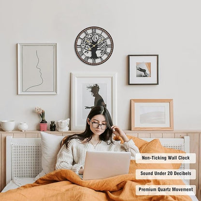 Micasso Non-Ticking Large Wall Clock: 15Inch Tree of Life Metal Black with Solid Wood Frame - Battery Operated Silent Clock for Living Room/Office/Bedroom/Kitchen - Home Decor for Teen