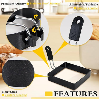 2-Pack 4'' Square Egg Rings Set with Silicone Handle, Stainless Steel Egg Cooking Rings，Nonstick，For Frying Eggs and English Muffins Pancake, Egg Mold Shaper For Breakfast