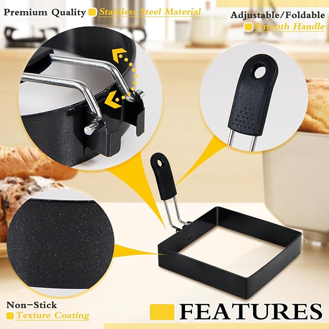 4'' Square Egg Rings with Silicone Handle, Stainless Steel Egg Cooking Rings，Nonstick，For Frying Eggs and English Muffins Pancake, Egg Mold Shaper For Breakfast