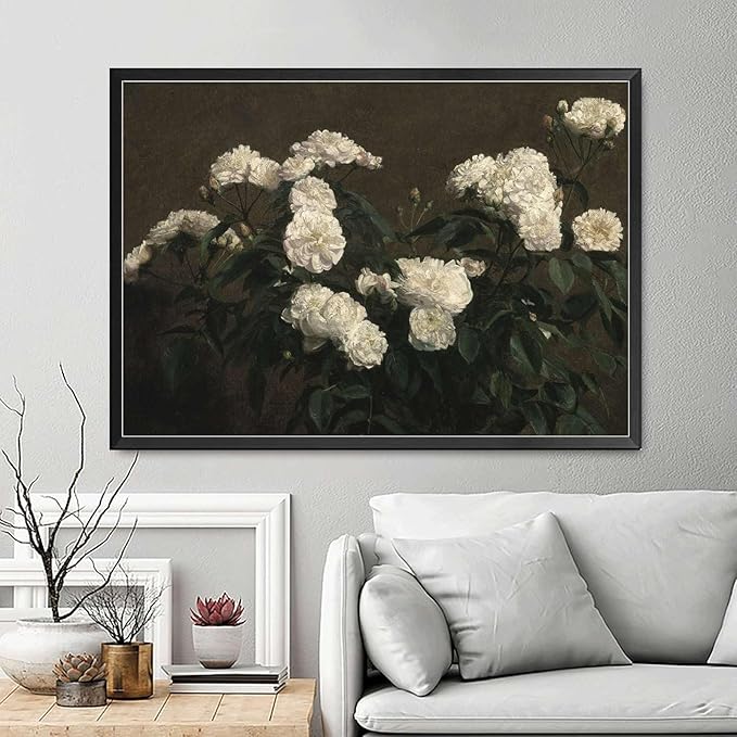 Canvas Painting Poster and Print Flower Painting French Country Decor Vintage Painting Antique Flower Print Vintage Flower Print Living Room and Bedroom Office Decoration 16x24inch Metal Frame