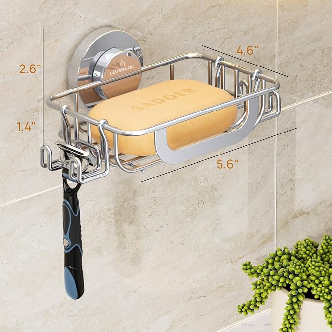 LEVERLOC Soap Holder Shower with Hooks, Bar Suction Cup Soap Dish Tray for Wall, Rust-Proof Stainless Steel Sponge Caddy for Bathroom Accessories Organizer Bathtub Kitchen Sink, Silver