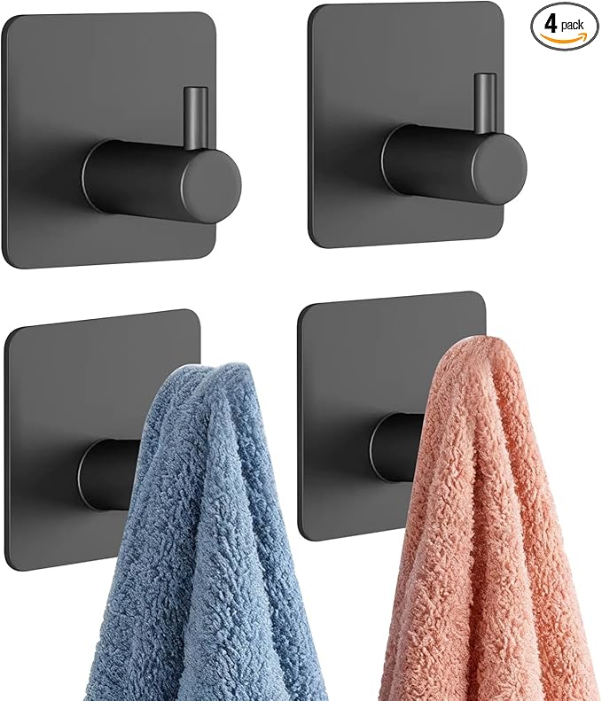 Black Adhesive Towel Hooks Heavy Duty Stick on Wall Hooks Shower Hooks for Bathroom Kitchen Door-4 Packs
