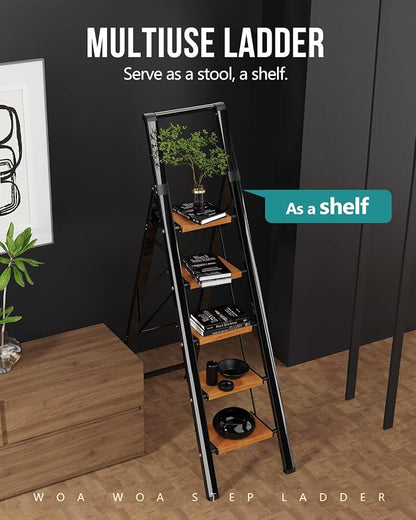 WOA WOA 5 Step Ladder, Ladders for Home, Anti-Slip Pedals, Aluminum Step Stool Foldable, Lightweight to Move, Ease of Storage, Reach 10ft for Closet Kitchen Library, Hold 300lbs - Black&Wood Grain