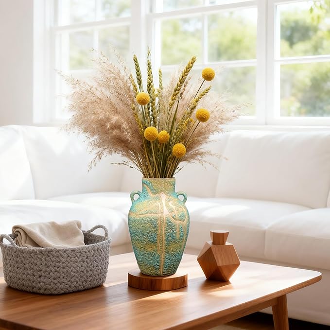 Large Ceramic Flower Vase, 9.8 Inch Tall Rustic Farmhouse Table Vase with 2 Handles, Handcrafted Glaze Textured Home Décor for Living Room, Bedroom, Bookshelf, Mantel, or Office