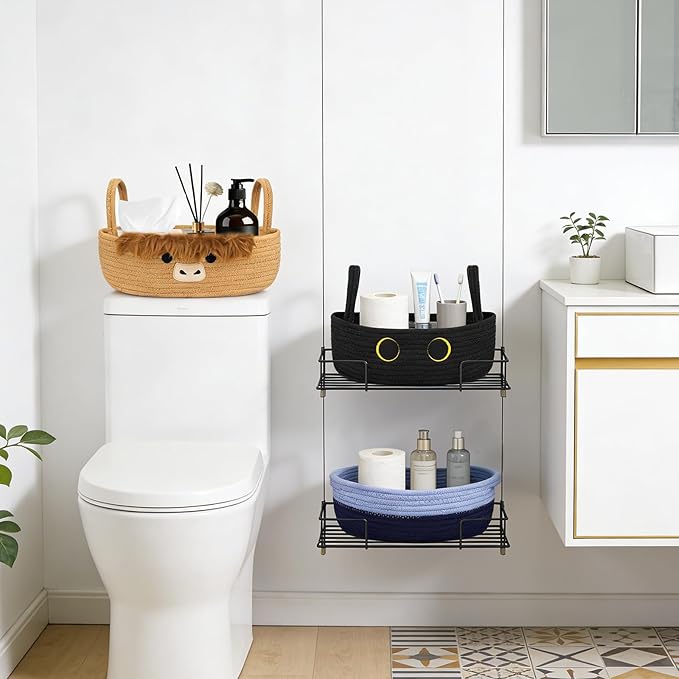 Toilet Paper Basket–Beautiful Blue Woven Bathroom Organizer Toilet Tank Storage Basket, Oval Shelves Rope Cotton Bin with Handles, Decorative Over Bathroom Decor Paper Holder, 13"D x 4.5"H IN