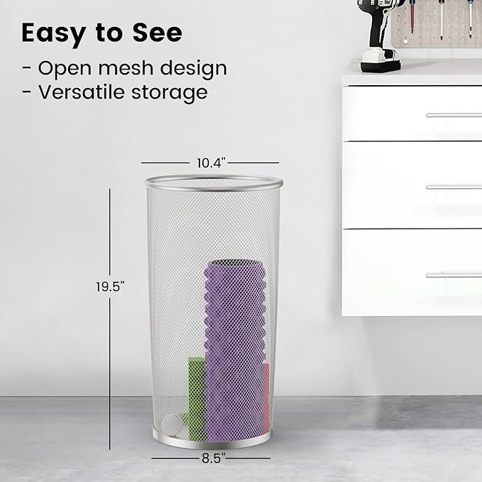 19.5" H Mesh Umbrella Stand - Ventilated Mesh Umbrella Holder for Entryway - Extra Capacity Storage for Umbrellas Canes & More - Freestanding Indoor Organizer 10.4" L x 10.4" W x 19.5" H - 3P Silver