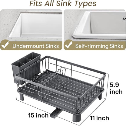 SNTD Dish Drying Rack - Small Dish Rack for Kitchen Counter, Stainless Steel Dish Drainer with Utensil Holder and Drainboard, 11" W x 15" L (Grey)