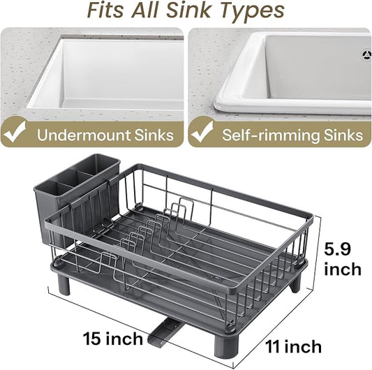 SNTD Dish Drying Rack - Small Dish Rack for Kitchen Counter, Stainless Steel Dish Drainer with Utensil Holder and Drainboard, 11" W x 15" L (Grey)