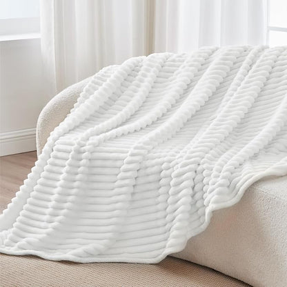 BEDELITE Fleece Throw Blanket for Couch - 300GSM Soft & Warm Fluffy White Blanket, Decorative and Giftable Striped Blankets for Women, Men, 50"x60"