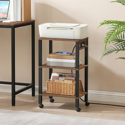 HOOBRO 3-Tier Printer Stand with Charging Station, Under Desk Printer Table, Printer Cart with Storage Shelves, Shelf for Small Spaces, for Home Office, Rustic Brown and Black BF63UPS01
