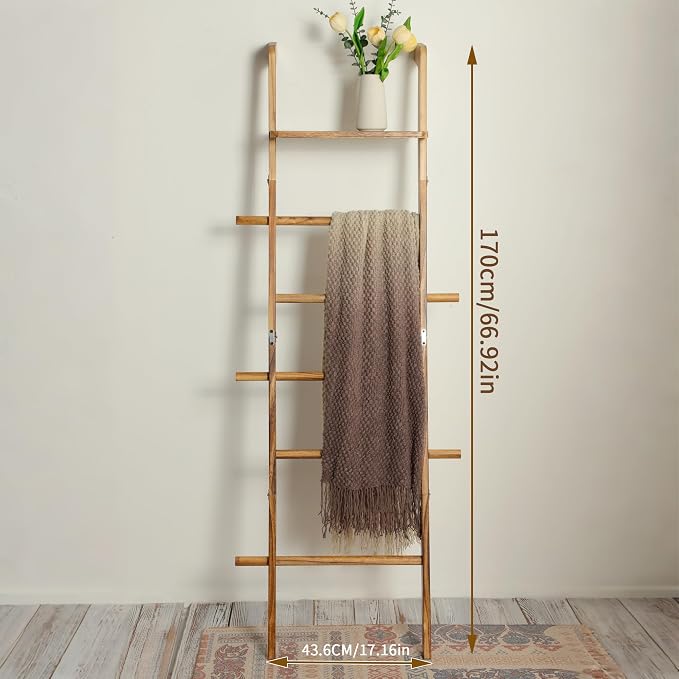 ZUNTO Blanket Ladder with Top Shelf for The Living Room - 67in Decorative Wooden Blanket Holder, 5 Tier with Side Hooks for Hanging - Rustic Farmhouse Towel Throw Ladder Rack for Organize and Display