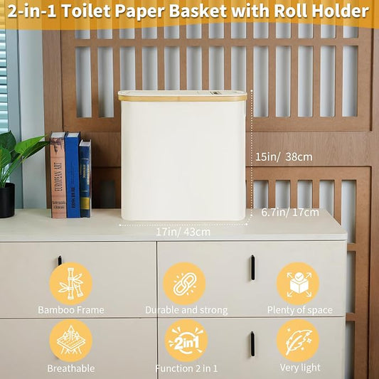 efluky Toilet Paper Storage and Holder 2 in 1, Toilet Paper Storage with Lid for Bathroom 28L, Free Standing Holder Organizer Holds Up to 9-12 Rolls, Beige