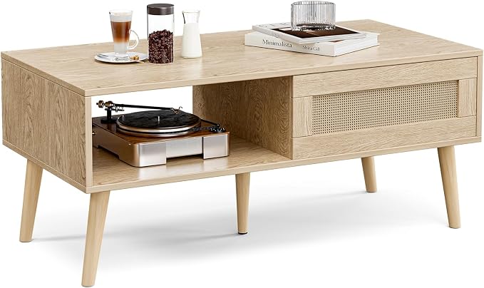 ZttRiee Wood Coffee Table with Storage, Boho Dining Table with Sliding Rattan Door Panel and Solid Wood Legs, Small Coffee Tables for Living Room, Oak (Oak_LSJ008)