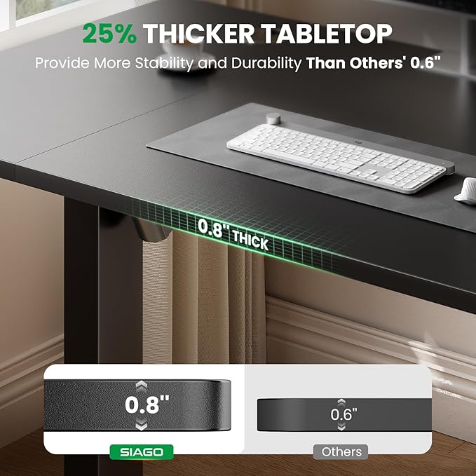 SIAGO Electric Standing Desk Adjustable - 48 x 24 Inch Sit Stand up Desk with 0.8 Inch Thick Tabletop - Adjustable Height Table with 3 Memory Preset, Cable Management for Home Office