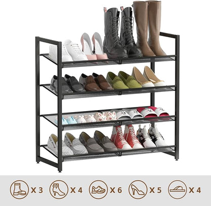Metal Shoe Rack for Closet,entryway, 4-Tier Shoe Organizer, Adjustable Flat or Angled Shelves, Holds up to 20 Pairs Shoes, Black