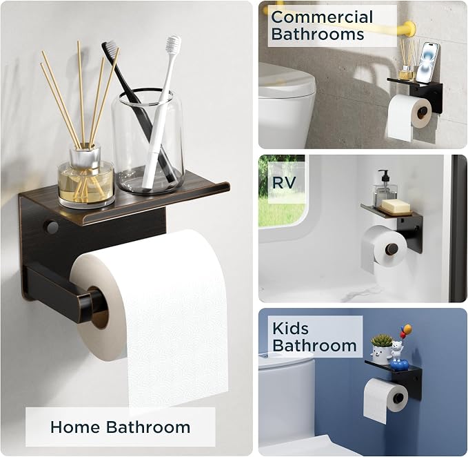FORIOUS Toilet Paper Holder with Shelf, Adhesive or Screw Wall Mount Toilet Paper Roll Holder for Bathroom, SUS 304 Stainless Steel Commercial Toilet Tissue Holder Dispenser, Oil Rubbed Bronze