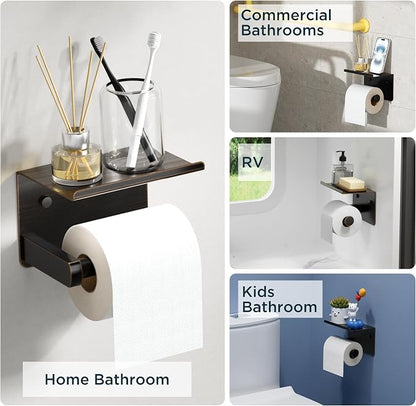 FORIOUS Toilet Paper Holder with Shelf, Adhesive or Screw Wall Mount Toilet Paper Roll Holder for Bathroom, SUS 304 Stainless Steel Commercial Toilet Tissue Holder Dispenser, Oil Rubbed Bronze
