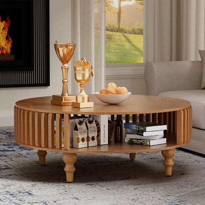 2-Tier Round Coffee Table 39.4" Round Coffee Table with Storage Mid-Century Modern Circle Accent Center Table Farmhouse Low Cocktail Tea Furniture for Living Room Small Spaces (39.4" Round)