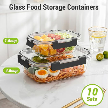 Dealusy 10 Sets (20-Piece) 4.5 Cup & 1.5 Cup Glass Food Storage Containers with lids, Airtight Leak-proof Glass Meal Prep Containers with Lids, Microwave Oven Freezer Dishwasher Safe, Black
