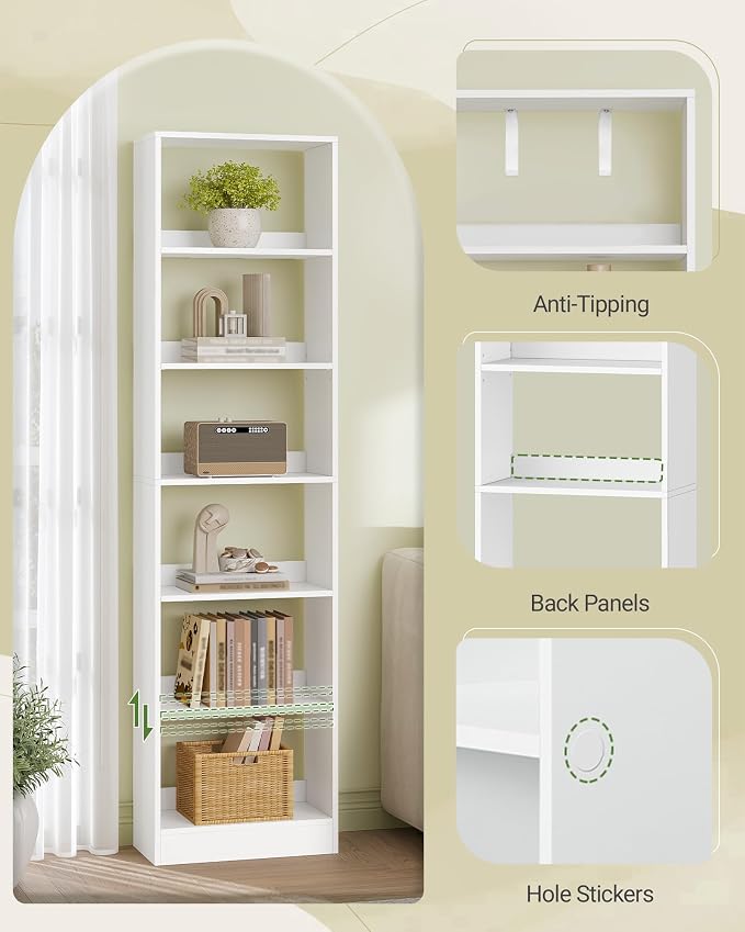 Hzuaneri Bookcase, Tall Narrow Bookshelf, Open Display Storage Shelf, Skinny Cube Book Shelf with Adjustable Shelves, CD Rack for Living Room, Home Office 6-Tier(9.4 x 19.7X 72 inch) White BC59603X