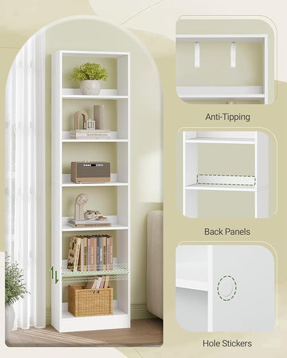 Hzuaneri Bookcase, Tall Narrow Bookshelf, Open Display Storage Shelf, Skinny Cube Book Shelf with Adjustable Shelves, CD Rack for Living Room, Home Office 6-Tier(9.4 x 19.7X 72 inch) White BC59603X
