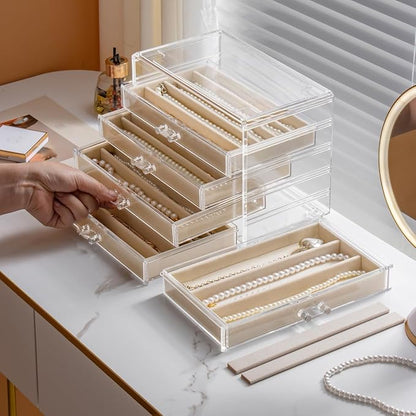YUFONG Necklace Holder Organizer, Dustproof Necklace Box Velvet Necklace Organizer Box with Lid Clear Acrylic Dustproof Stackable Jewelry Displays for Necklaces Chain Display (Beige, 5 Drawer)
