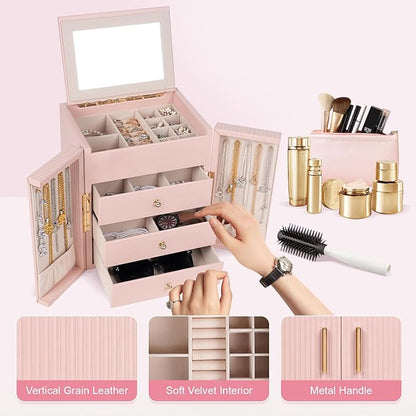 Dajasan Jewelry Box for Girls Women, 4-Tier Large Jewelry Organizer Box, Jewelry Storage Organizer, Jewelry Gift Box for Christmas, Valentine's Day, Birthday, Mother's Day (Pink)