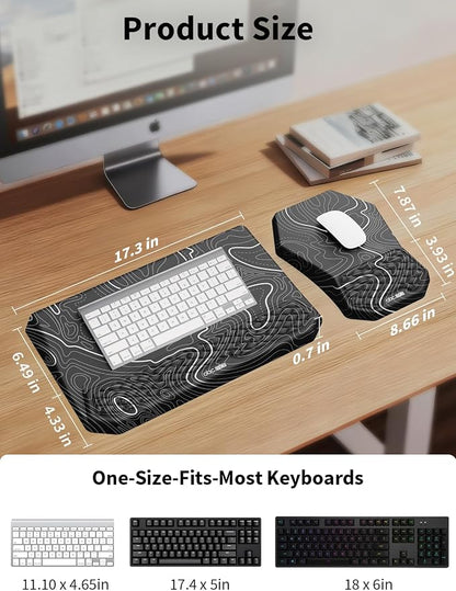 3-in-1 Ergonomic Keyboard Stand with Wrist Rest & Mouse Pad Set, Comfy Keyboard Riser Holder Soft Mousepad with Massage Design, Memory Foam and Non-Slip PU Base for Pain Relief, Topographic