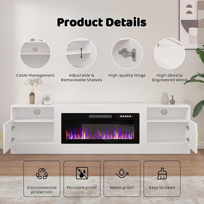 LEMBERI 80 Inch Fireplace TV Stand for TVs up to 90", 36" Electric Fireplace Entertainment Center with 20-Color LED, 300lbs Max Capacity Modern Wood Media Console Cabinet, White