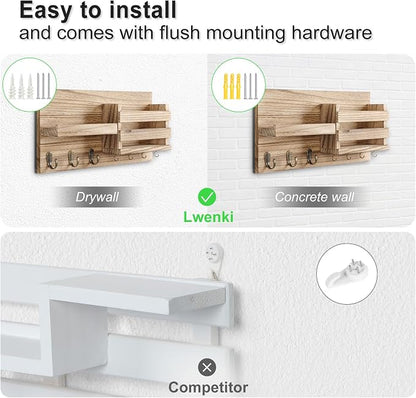 Lwenki Mail Organizer for Wall Mount – Key Holder with Shelf Includes Letter Holder and Hooks for Coats, Dog Leashes – Rustic Wood with Flush Mounting Hardware (16.5” x 8.7” x 3.5”) (Wood)
