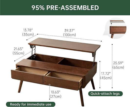 Solid Oak Wood Lift Top Coffee Table for Living Room, Mid Century Modern Tables with Drawers and Large Storage, Coffee Tables for Small Spaces (Oak Walnut Color, 39.37" W x 21.65" D x 25.59" H)