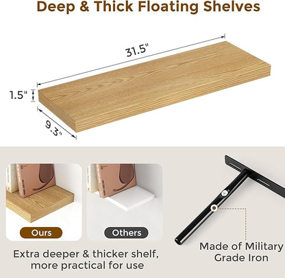 Fun Memories 32" W x 9.3" D Floating Shelves, Rustic Wood Deep Shelves for Bedroom, Kitchen, Living Room, Long Floating Shelf for Wall, Storage Display Wall Shelf for Books Decor, Oak