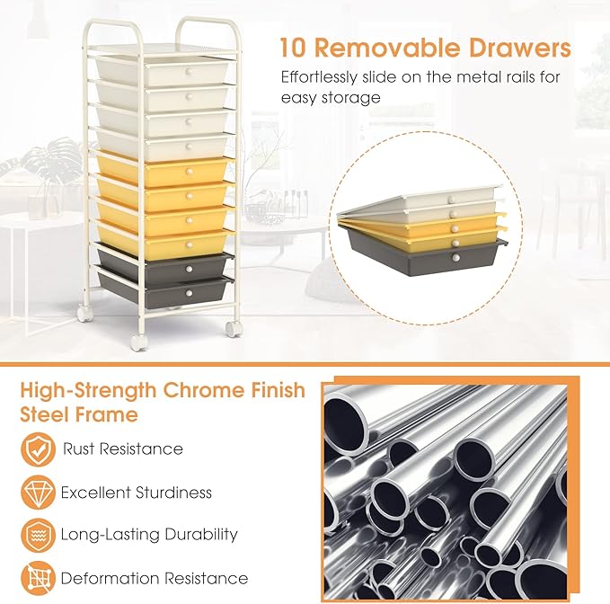 RELAX4LIFE 10 Drawer Rolling Cart, Slim Storage Cart w/Lockable Wheels for Classroom School Teacher Office, Art Supplies Paper Scrapbook Craft Organizers, Utility Cart with Drawers (Yellow)