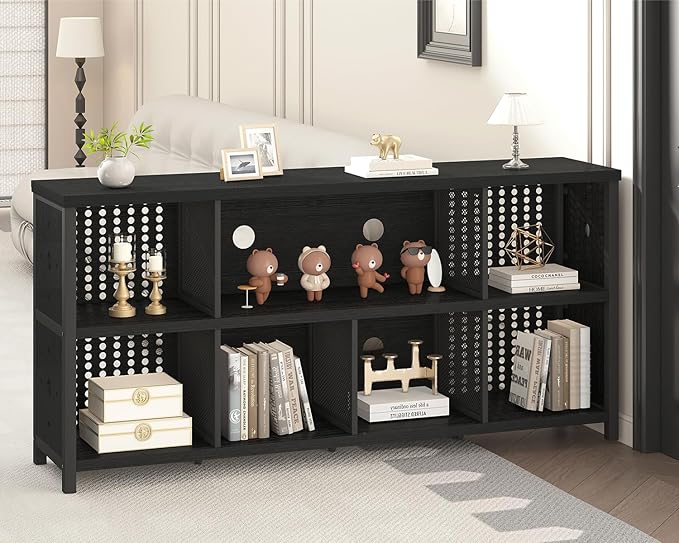 LVB Black Horizontal Bookshelf, Modern Cube Storage Organizer Bookcase, Industrial Wide Long Wood Metal Book Shelf, Farmhouse Low Large Cube Shelf for Office Home Bedroom Living Room, Black Oak, 63 In