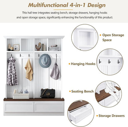 Merax Wood Hall Tree Entryway Bench with 6 Hooks, Farmhouse Mudroom Versatile Coat Racks with 2 Large Drawers Entrance Organizer for Hallway White