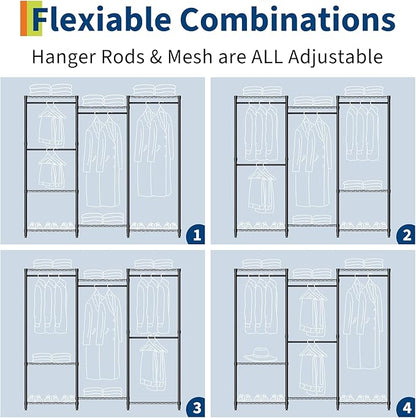 5-Tier Heavy Duty Clothes Rack, 1630LBS Load, Sturdy Metal Garment Rack with Wire Shelves, Multi-Functional Wardrobe Closet with Hanger Rods for Hanging Clothes, 15.5"D x 67.6"W x 76.5"H ﻿